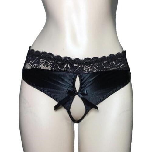 Sexy Lingerie Female Open Crotch Backless Strap Satin Thong Panties with Lace Trim and Bow G-String Knickers Bikini Underwear