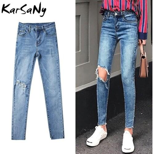 KarSaNy Skinny Ripped Jeans Woman High Waist Spring Denim Pants Destroyed Jeans With High Waist Women Broken Hole Jean