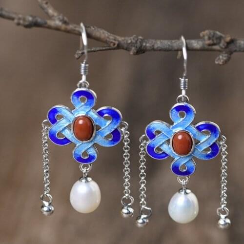 New S925 pure silver vintage cloisonne woman earrings auspicious Chinese knot red agate freshwater pearl earrings for women