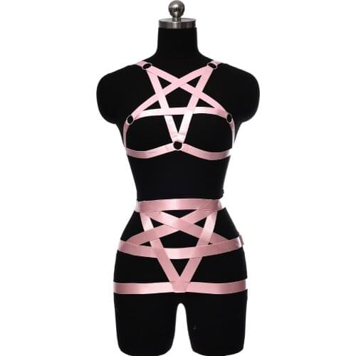 Pink Pentagram Body Cage Set Pole Dance Crop Top Harness Bra Hollow out Star Skirt Women Bondage Harness Sexy Lingerie