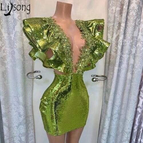 Vestidos de cóctel Sparkly Sequin Mini Cocktail Dresses Plunging V Neck Ruffled Beads Short Prom Dress robes de cocktail Custom