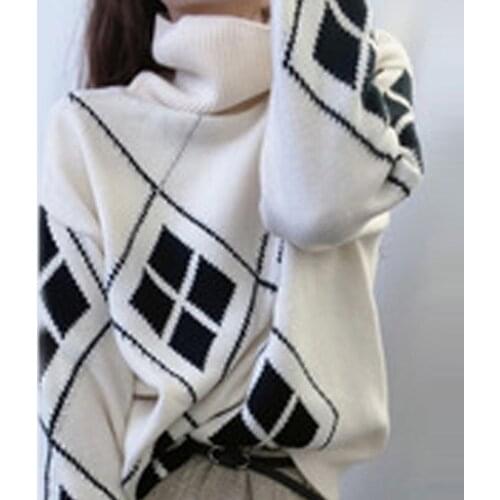 2021 Korean Autumn Winter New Geometric Pattern Argyle Pullovers Loose Oversized Turtleneck Knitted Sweaters Woman Jumper Mujer