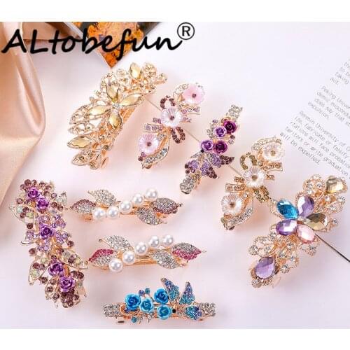 ALTOBEFUN Crystal Floral Hairpin Girl Ladies Hairwear Jewelry For Women Rhinestone Alloy Hair Clip Party Barrettes Leaf AE024