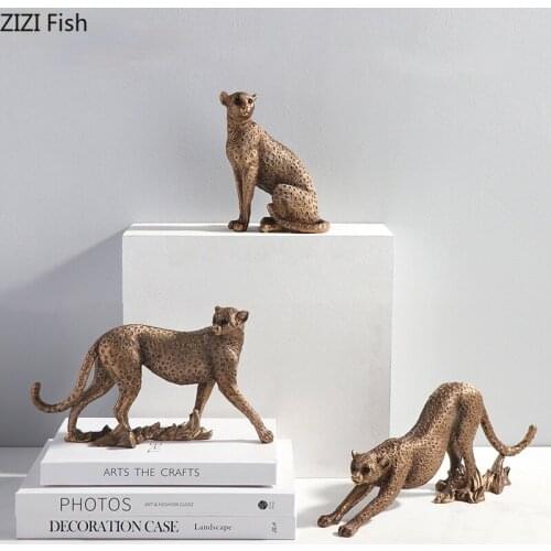 American Imitation Metal Leopard Statue Desktop Office Decoration Simulation Animal Statue Figurine Resin Crafts Home Decoration