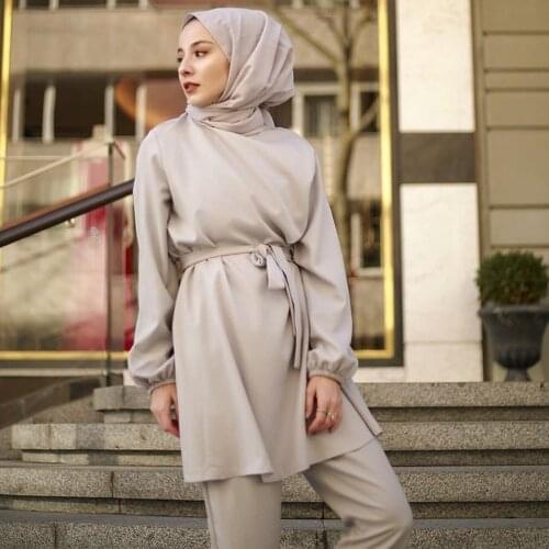 2021 Two piece Muslim Abaya Dubai Turkish Tops Pants Vetment Femme Hijab Dress Caftan Kaftans Islam Clothing Djellaba Robe