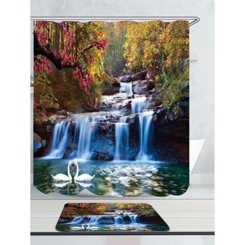 Swans Flowers Cascade Waterproof Shower Curtain Rug Set Non-slip Mat Carpet Door Mat Bath Curtain Bathroom Waterproof Curtain