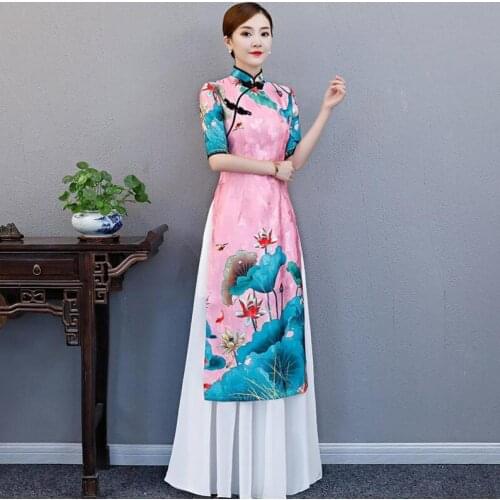 Literary Womens Retro Printing Stitching Contrast Color Hem Fake Two Cheongsam 2020 New Ladies Stage Catwalk Costume