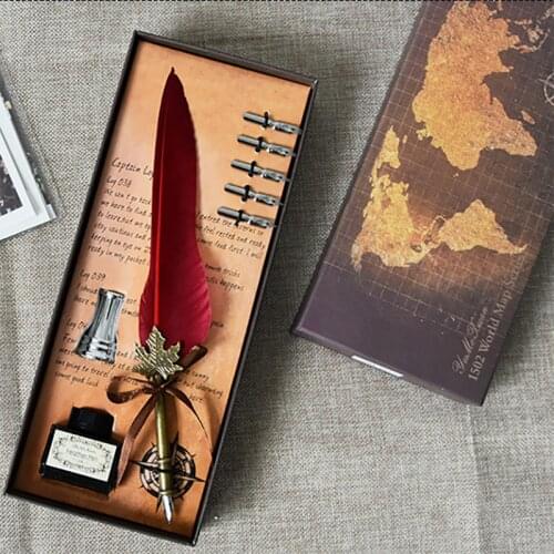 Retro Feather Dip Pen Set Metal Fountain Quill Pen Gift Box English Calligraphy Pen Souvenir Student Office School Supplies