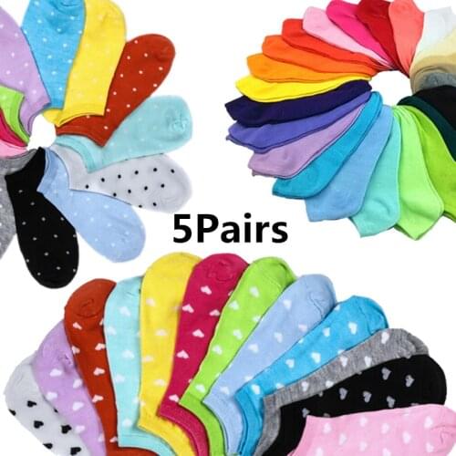 10pcs/5Pair Spring Summer Female Heart Dot Solid Low Cut Socks Short Socks Womens Slippers Cotton Blend Ankle Boat Socks