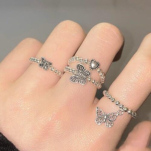 2020 New Korean Trendy Individuality Love Heart Smiley Butterfly Handmade Beaded Elastic Rings for Women Girls Party