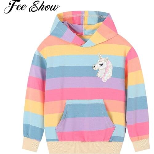New Spring Autumn Baby Girls Clothes Cotton Hooded Sweatshirt Children Rainbow Striped Cute Cartoon Hoodies Tops Kids Clothing
