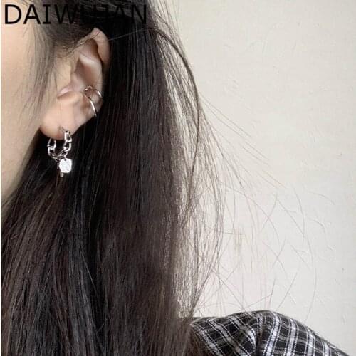 DAIWUJAN 925 Silver Hip-Hop Cuba Chain Stud Earrings Retro Circle Disc Cross Pendant Earrings for Fashion Women Punk Jewelry