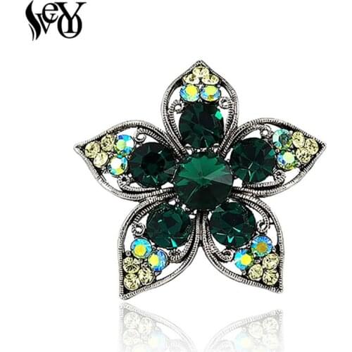 VEYO Vintage Green Flower Crystal Rhinestone Brooch For Women Elegant Brooches the Pins Costume Jewelry