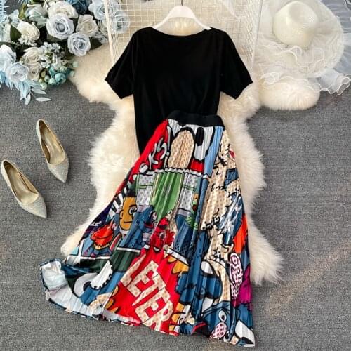 Summer Fall Women Cartoon Printted Elegant Solid Tshirt and Pleated Long Skirts Two piece set High waist Harajuku Skirts Suits