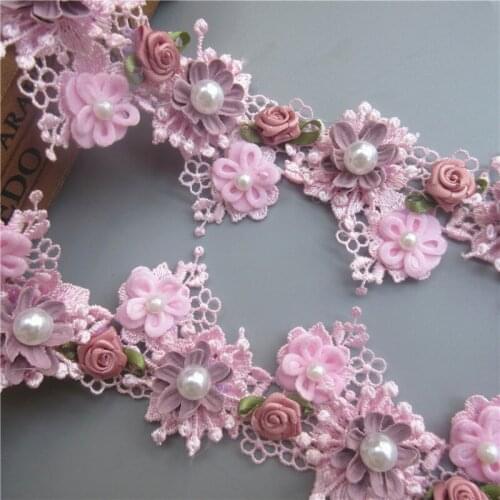 1yard Pink Pearl Rose Flower Embroidered Lace Trim Ribbon Fabric Sewing Supplies Craft DIY For Costume Dress Hat Decoration