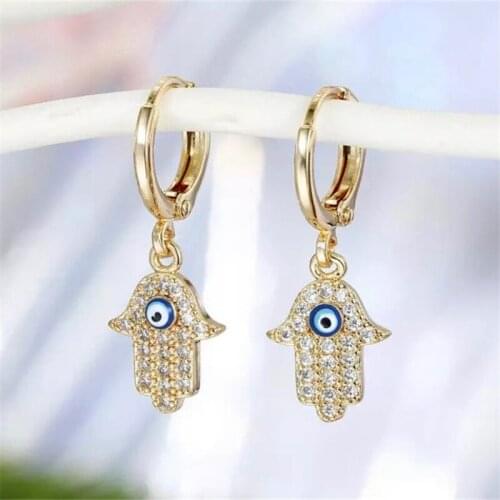 12Pairs/lot Micro-Inlay Hamsa Hand Drop Earring for Women Gold and Silver Protection Earrings Wholesale