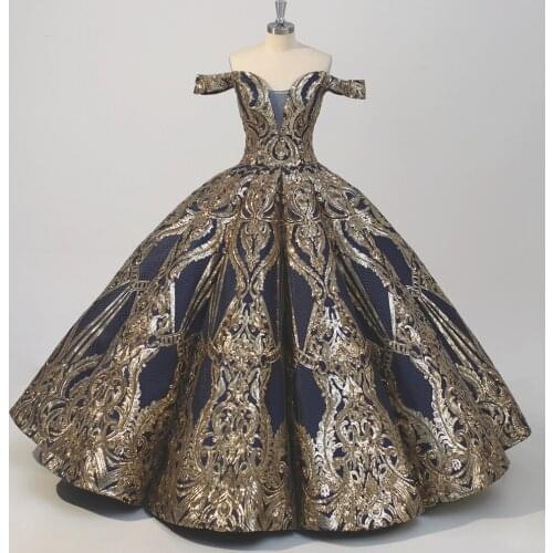 2021 Dubai Gold Sequined Lace Quinceanera Prom Dresses Navy Blue Ball Gown Off Shoulder Sweet 15 Dress Custom Size