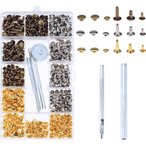 300 Sets Double-sided rivets 3 Sizes 3 colors Leather Rivets Single Cap Rivet Tubular Metal Studs With Fixing Tool