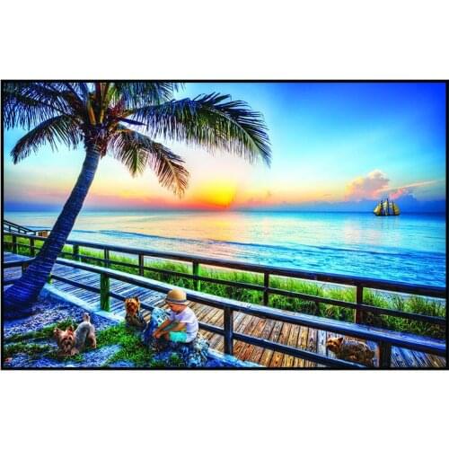 5D DIY Diamond Painting Sunset Seaside boy dog Embroidery Landscape Mosaic Picture Cross Stitch Kit Home Decoration Picture Gift