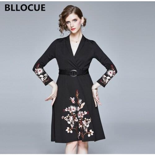 BLLOCUE New 2020 Spring Women Luxury Flowers Embroidery A-Line Runway Dress Casual Black V-Neck Long Sleeve Office Party Dress
