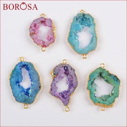 BOROSA 10PCS Gold Color Fashion Dyed Rainbow Druzy In Titanium AB Color Connector Double Bails Drusy Jewelry for Necklace G1525