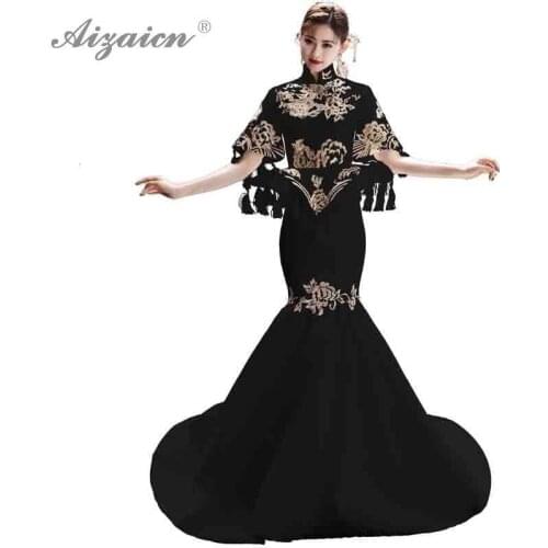 Oriental Style Black Host Cheongsam Modern Embroidey Long Qi Pao Women Chinese Traditional Dress Chinoise Stage Show Gown Qipao