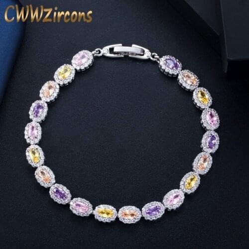 CWWZircons Elegant Design Multi Purple Pink Yellow Colors Oval Cubic Zirconia Crystal Bracelets for Women Jewelry Gift CB198