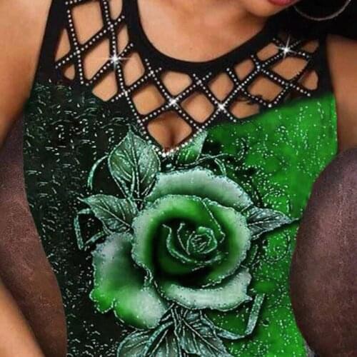 Summer Casual T Shirt Women Fashion Floral Multicolor Rose Print Sleeveless Floral Print Hollow Out Summer Sexy Tank Top Vest