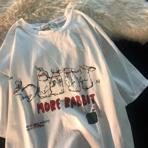 Cotton Funny Summer Women Kpop Tees Black Animals Rabbit Print Tshirt Black Cartoon Ladies Sweatshirt Loose White Girls Tops