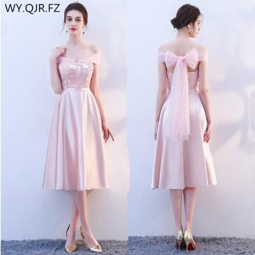 KBS025F#Medium Boat Neck pink lace up Bridesmaid Dresses wedding party prom dress 2019 spring wholesale cheap Bridal clothing