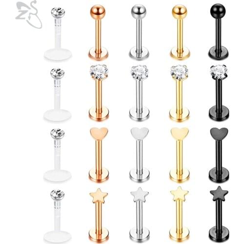 ZS 20 Pcs/lot Mix Shape 16G Zircon Labret Lip Ring Stainless Steel Internally Threaded Labret Piercings Cartilage Helix Piercing