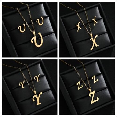 Stainless Steel Jewelry Set 26 Letters Initial Necklace for Women Alphabet Pendants Necklaces Earring Set Friends Family Gift