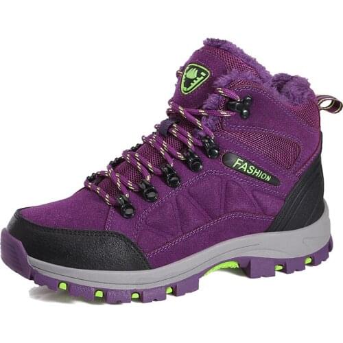Fashion Purple Hiking Ankle Boots For Women Men Winter Plush Trekking Shoes Women Walking Climbing Outdoor Boot Athletic Couple
