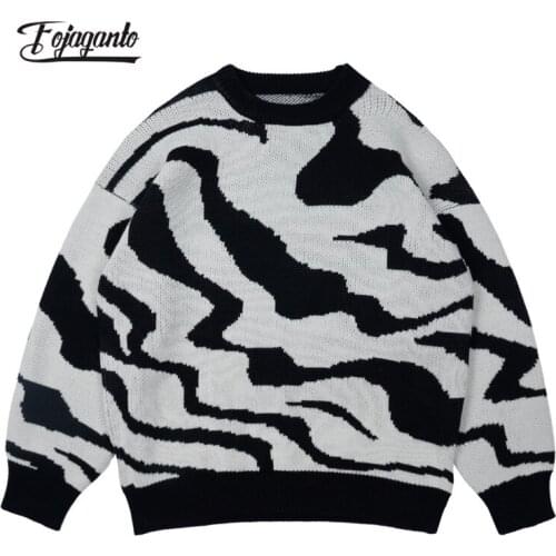FOJAGANTO Mens Autumn Youth Round Neck Sweater Trend High Street Long-Sleeved Pullover Fashion Loose Wave Pattern Sweater Men
