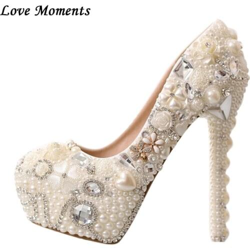 2018 New red pearl wedding shoe up heel platform shoes woman dress shoes light pink womens shoes pumps free shipping