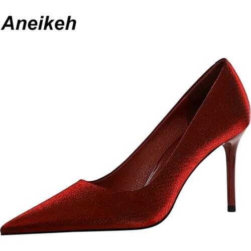 Aneikeh New 2021 Sapatos Das Mulheres Basic Pointed Toe Pumps Stiletto Heels Sexy Shallow Slip-On Solid Dress Red Size 34-40