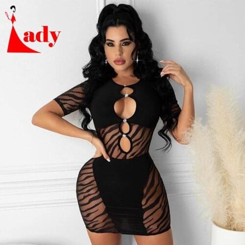 Cut Out Sexy Zebra Mesh Transparent Womens Mini Dress for Beach Holiday Club Party Prom Night Bodycon Pencil Shorts Dresses