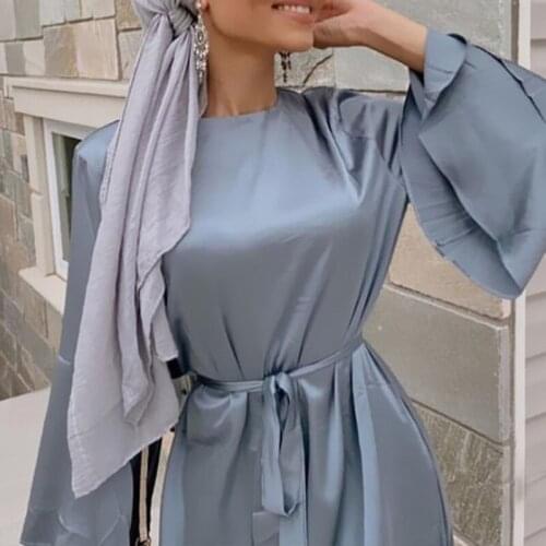 Hot Sell Simple muslim Dress Smooth Silky Elegant pure color Long Muslim Dresses Women Modest Wear Clothing EID robes