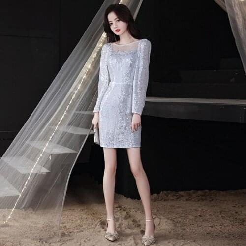 Sequins O-Neck Prom Dress Empire Full Sleeves Above Knee Mermaid Zipper Back New Fashion Plus size Women Formal Party Gown C836