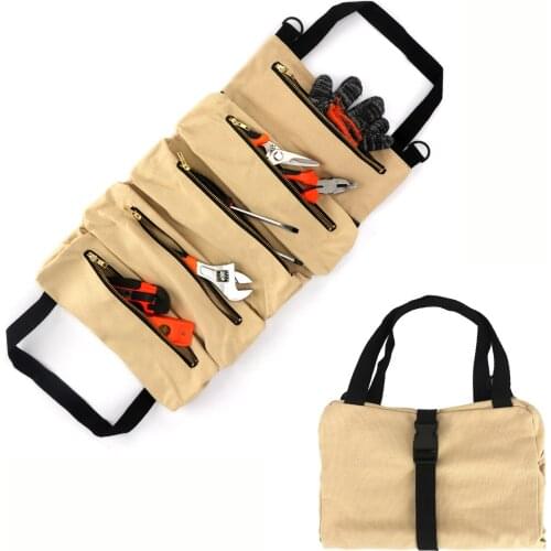 Tourbon Canvas Roll Up Tool Bag Multi-Purpose Compact Tool Roll Pouch with 5 Zipper Pockets Tool Organizer Carrier Bag for Car