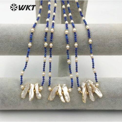 WT-JN104 Natural Freshwater Pearl Necklace Random shape Pearl with Lapis beads Chain Fashion Pearl themed pendant Necklace