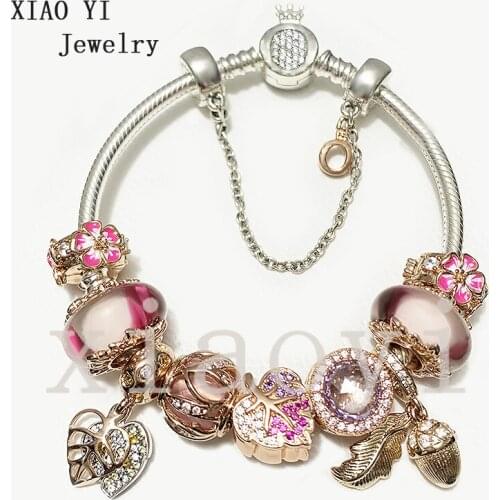 XIAOYI 2020 new 100% S925 Yellow zircon flower crystal feather cake glaze pineapple head bracelet DIY accessories wedding female