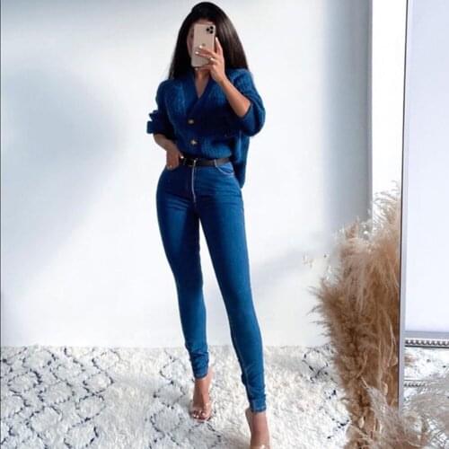 XIKOM 2021 Women Blue V-Neck Single Breasted Lantern Sleeve Sweater Coat Female Vintage Casual Oversize Knitwear Cardigan