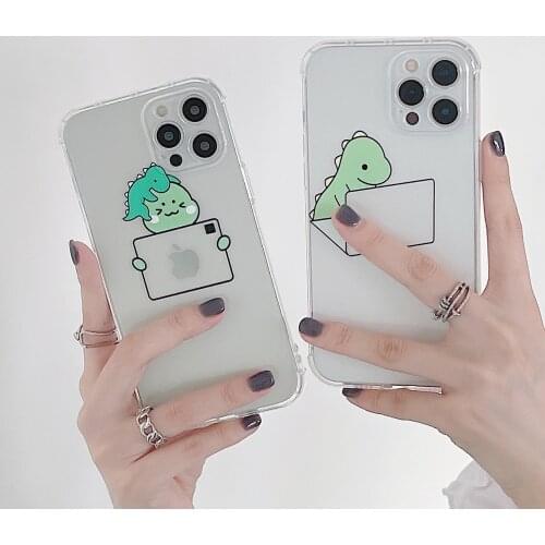 USLION Cute Lovely Dinosaur Print Phone Protection Cover For iPhone 11 12 Pro Max Mini 7 8 Plus X XR XS XSmax Clear Black Cases