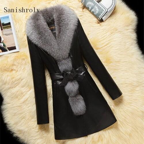 Sanishroly Autumn Winter Women Warm Thick Velvet PU Coat Fur Collar Belt Bow Faux Leather Jacket Female Long Outwears Tops SE734