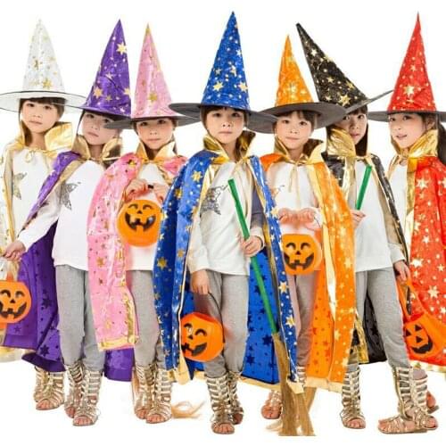 Children Halloween Costumes Wizard Witch Cloak Cape Robe with Pointy Hat Girls Boys Cosplay Props Kids Birthday Party Supplies