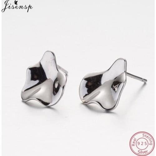 Jisensp Asymmetry Real 925 Sterling Silver Wave Stud Earrings Women Fine Jewelry Punk Geometrical Earrings New Year Gift