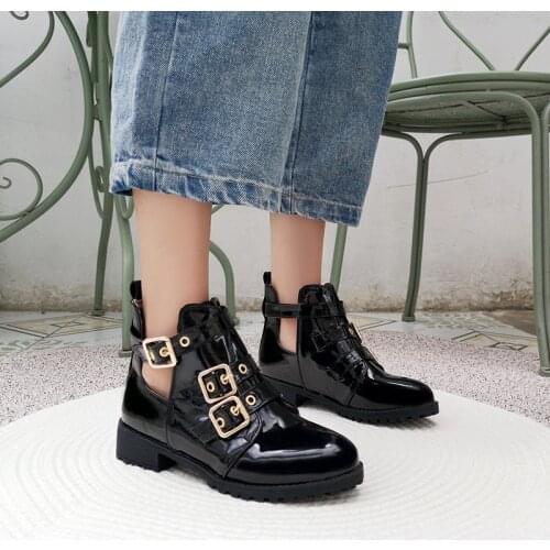 YMECHIC Autumn 2019 Black White Brown Chunky Low Heel Buckle Strap Ankle Motorcycle Boots Female Footwear Woman Shoes Big Size