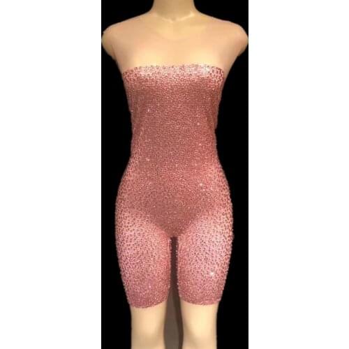Sexy Pink Silver Rhinestones Playsuit Nightclub Prom Party Jumpsuits Women Stretch Skinny Bodysuits Jazz Singer Mv Dance Outfits