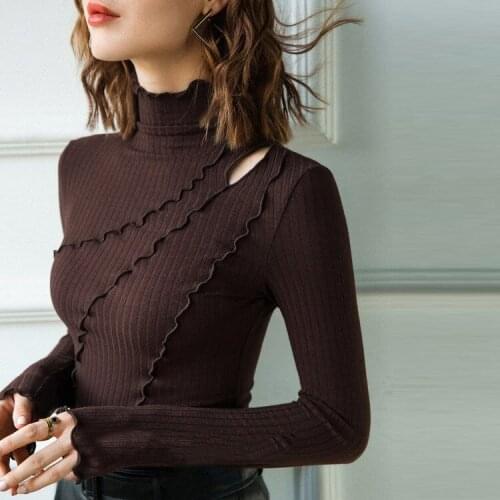 Woman Sweaters Womens Ripped Turtleneck Long-Sleeved T-shirt 2020 Autumn Winter Coat Femme Chandails Pull Hiver
